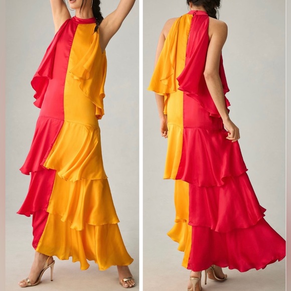 Pinnacle By Shruti Sancheti Mock-Neck Colorblock Ruffle Dress, Size S - Picture 1 of 8